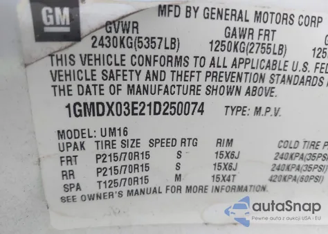 2001 Pontiac Montana M16 W/1Sf Pkg. z USA, uszkodzony, nr VIN 1GMDX03E21D250074